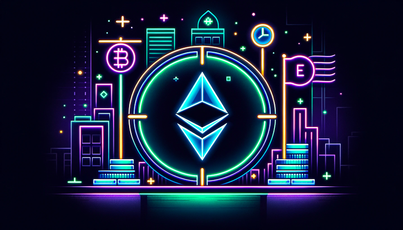 Image of the Ethereum logo in neon colors with a city background.