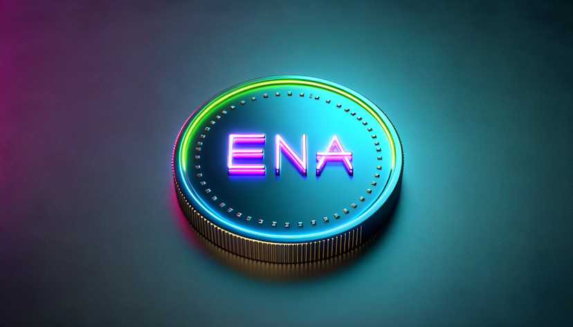 Coin with ticker ENA inside in neon colors.