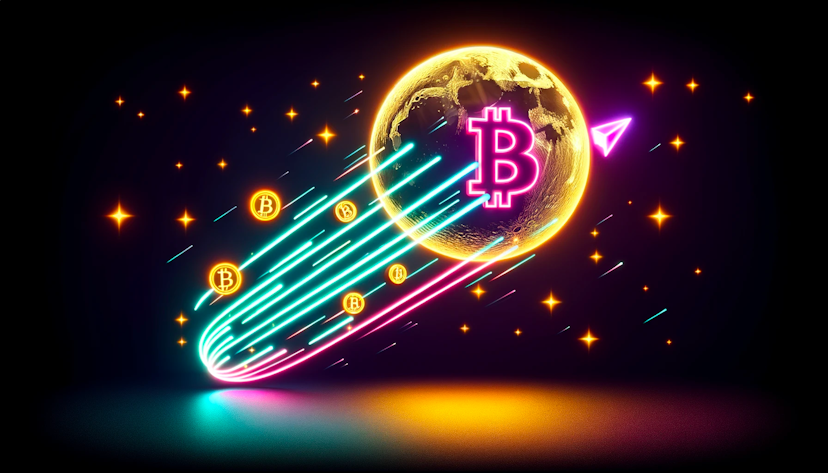 An image of Bitcoins shooting to the moon.