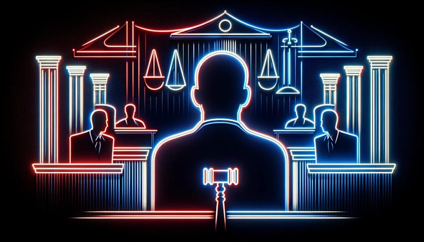 image features abstract elements like a gavel and scales of justice, glowing in neon against a dark background