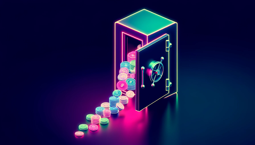 image of an open safe with coins flowing out, designed in a minimalistic style with neon colors