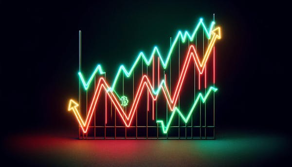 zigzagging line graph glowing in vibrant neon red and green against a dark background