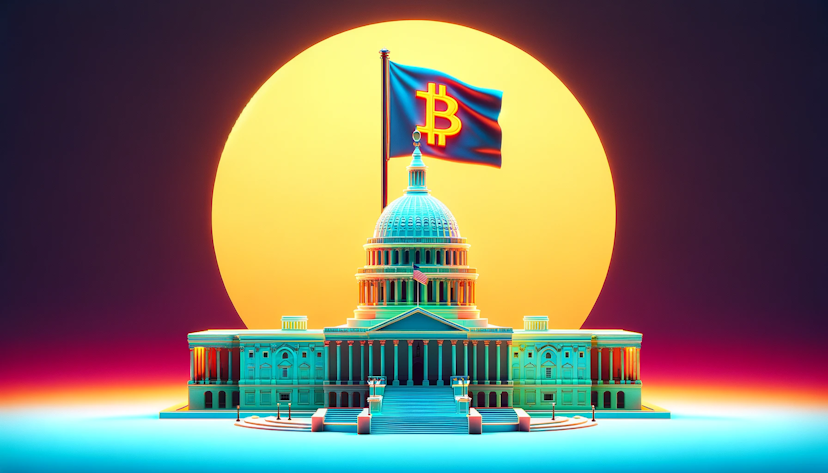 US Capitol building with a neon-colored flag, showcasing the Bitcoin logo