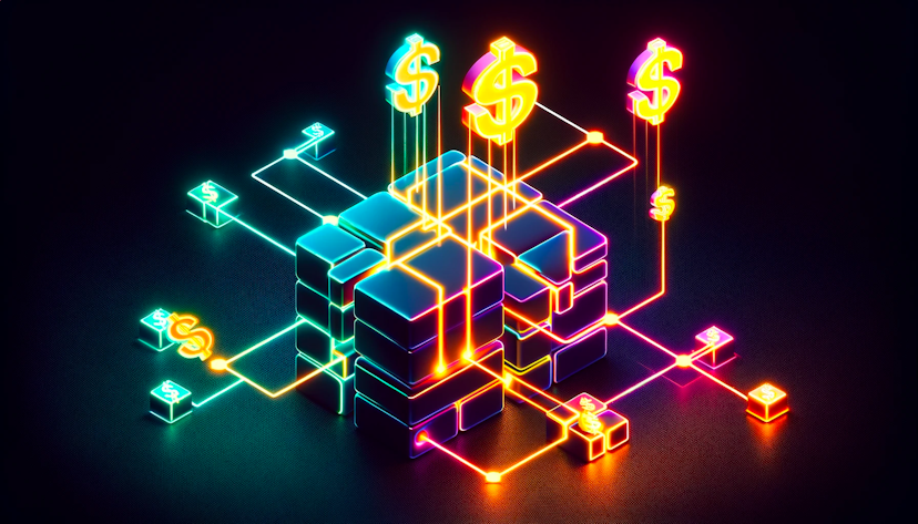 Money being extracted from a blockchain in neon colors.