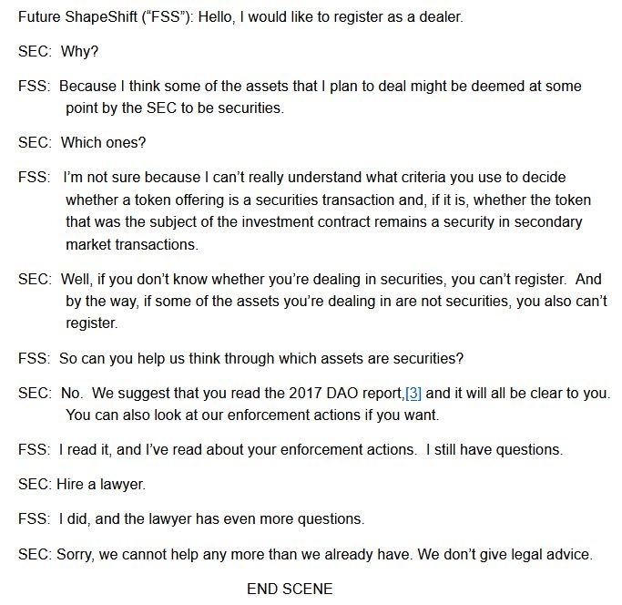 Hypothetical dialogue between 'Future Shapeshift' and the SEC