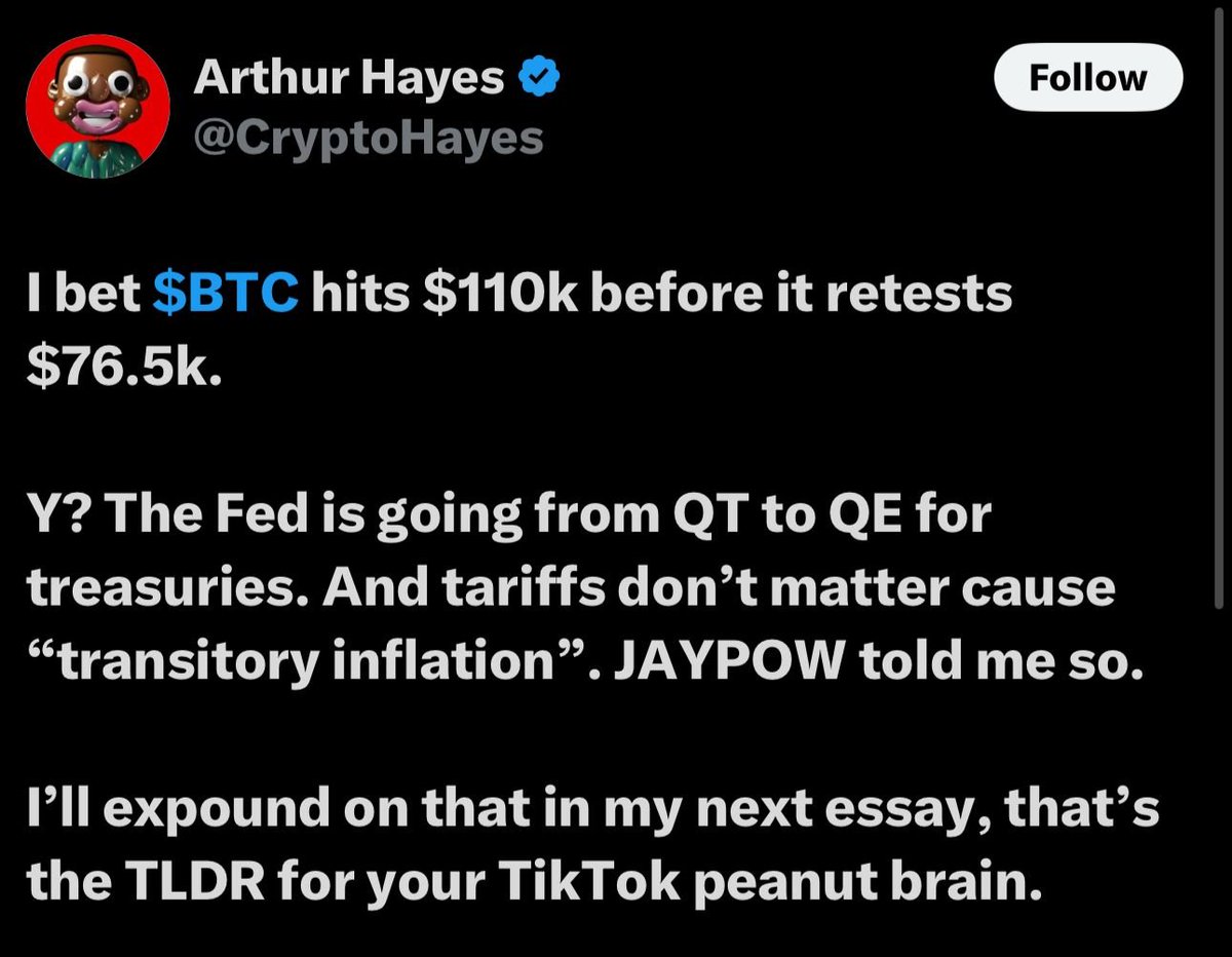 Arthur Hayes: Bitcoin to Hit $110K Before Retesting $76.5K, More Likely Than $70K