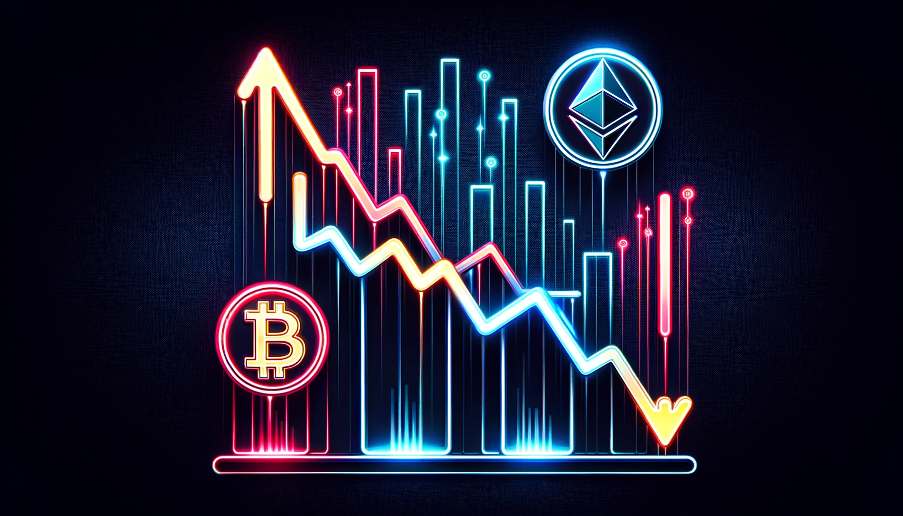 downward-trending arrows and diminishing bar graphs, glowing in neon red and dark blue against a dark backgrounddownward-trending arrows and diminishing bar graphs, glowing in neon red and dark blue against a dark background