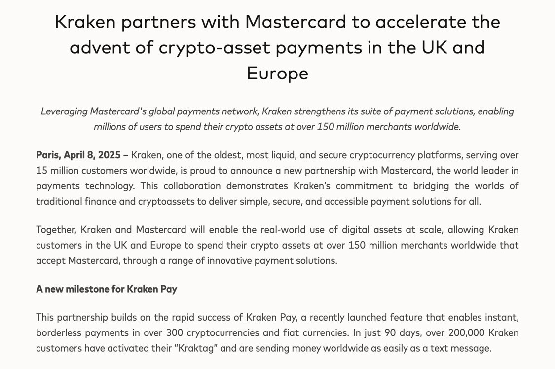 Mastercard Partners With Kraken to Enable Bitcoin Payments at 150 Million Merchants in Europe