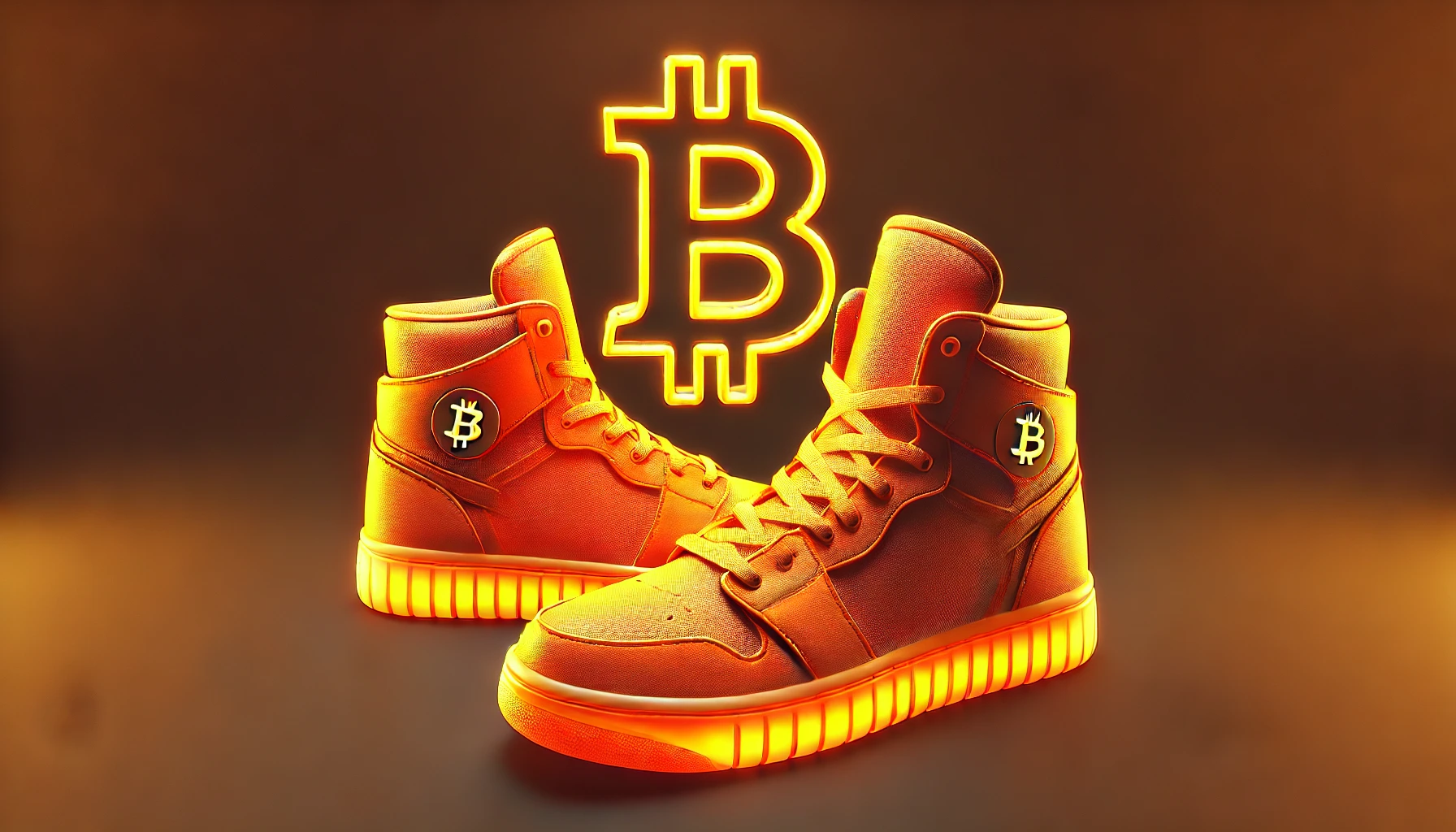 orange high top sneakers with the bitcoin symbol on them
