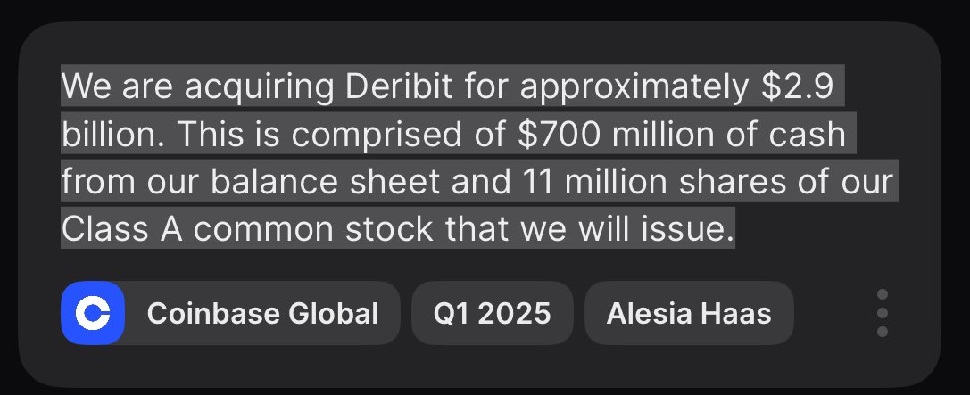 Coinbase Acquires Deribit for $2.9B With $700M Cash, 11M Shares; Passes on 80% Bitcoin Strategy