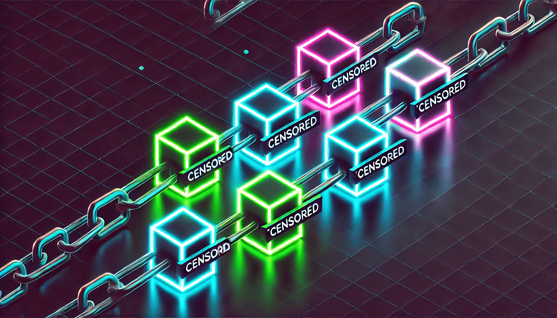 minimalistic depiction of censored transactions in a blockchain using neon colors