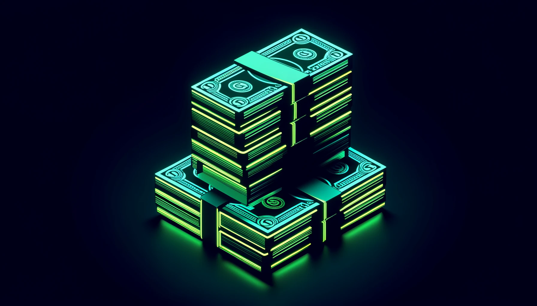 dollar bills stacking up, glowing in neon green