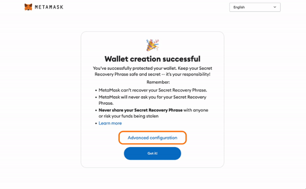 Wallet created congratulations message