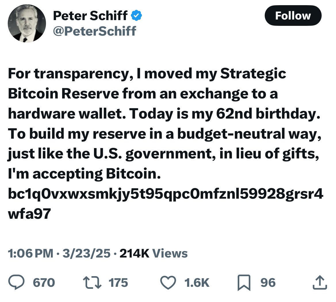 Peter Schiff Requests Bitcoin Gifts for 62nd Birthday, Accepts Bitcoin for Strategic Reserve Shift