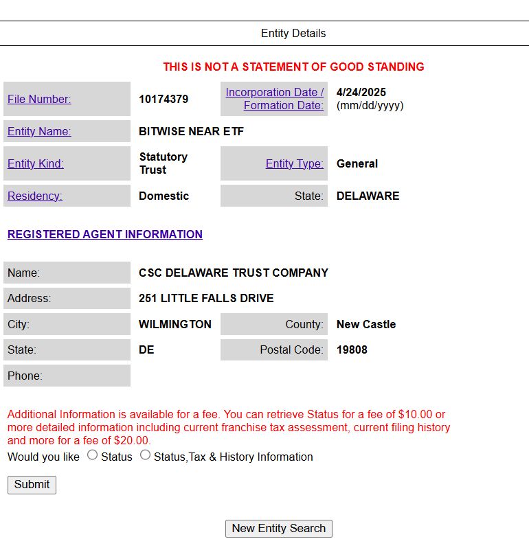 Bitwise Registers 'Bitwise NEAR ETF' in Delaware on April 24 Amid SEC Review Delays
