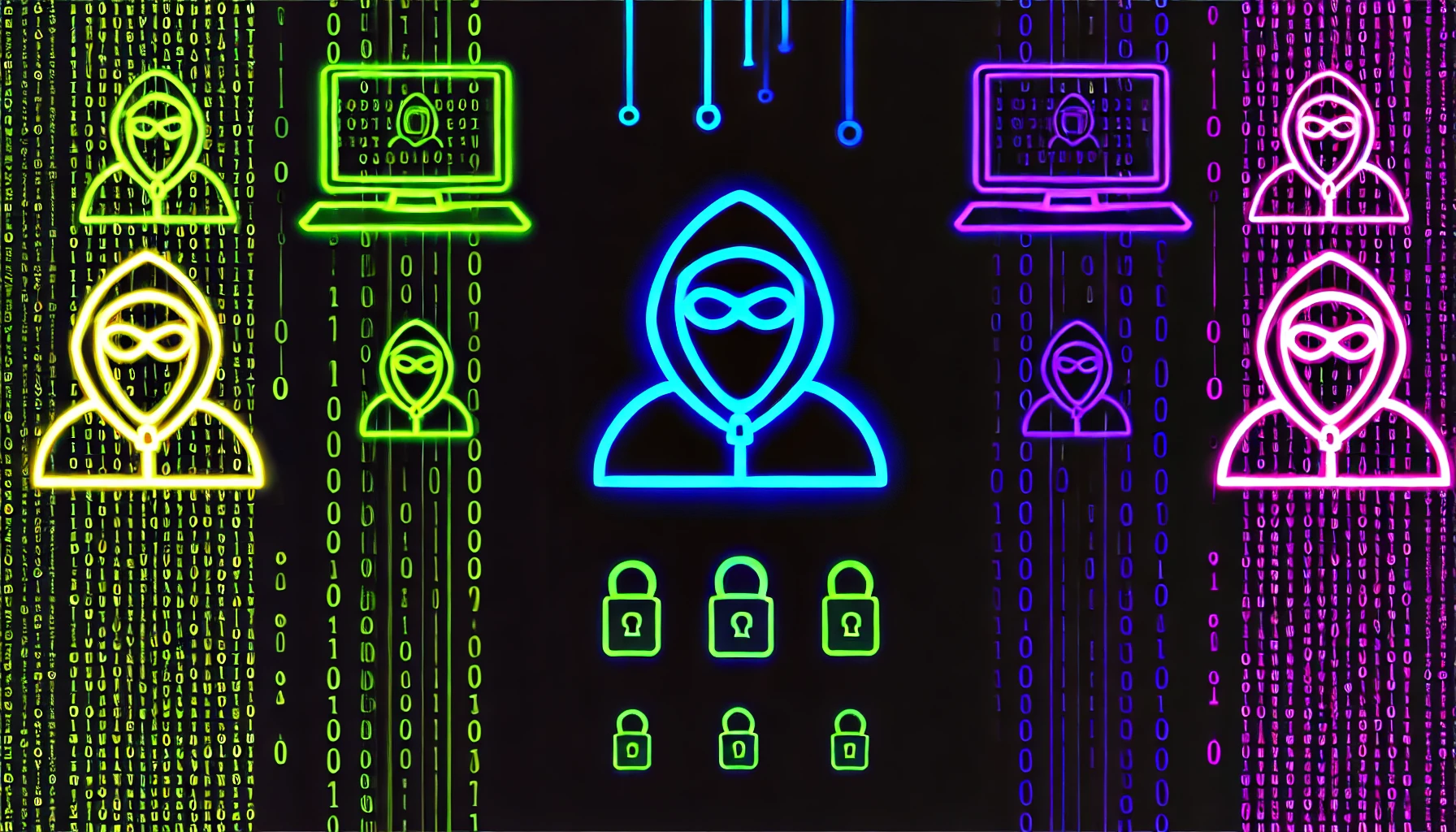 symbols with hooded figures, computer screens, and binary codes