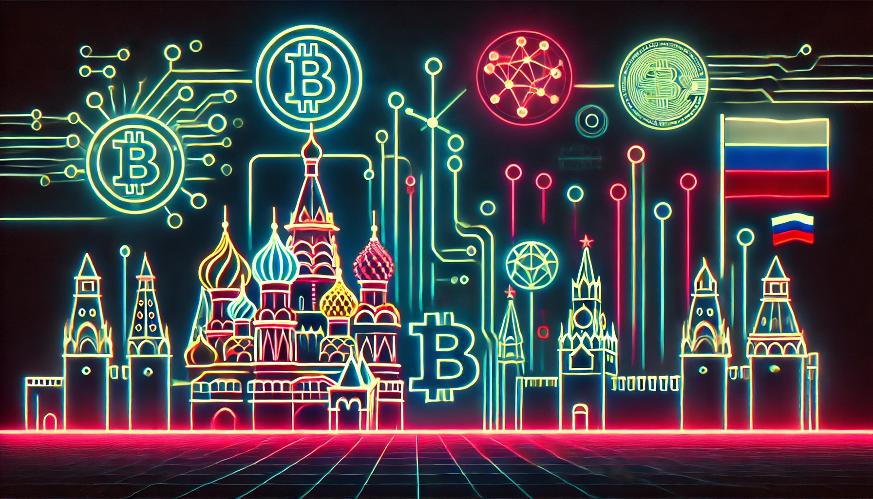 russia landmarks and flags with bitcoin logos overlaid 