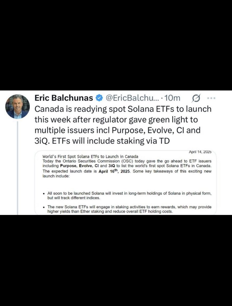 Canada to Launch World's First Spot Solana ETFs with Staking on April 16
