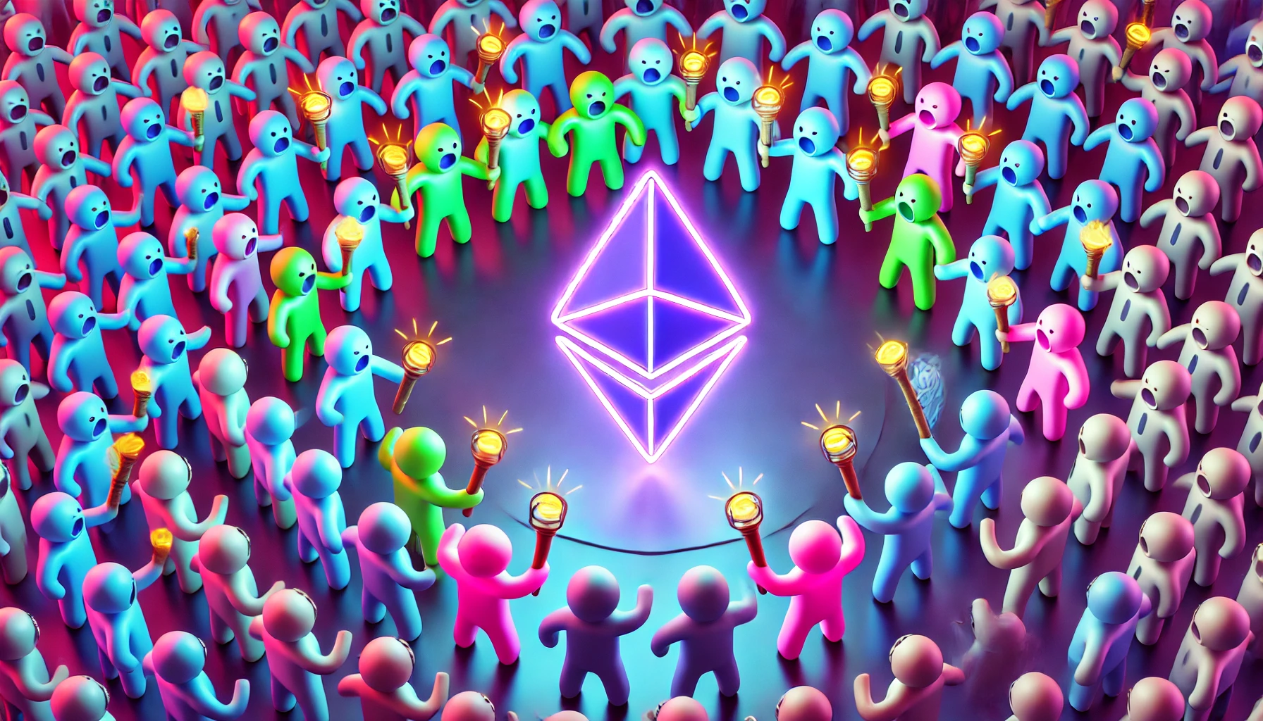 angry mob surrounding ethereum symbol