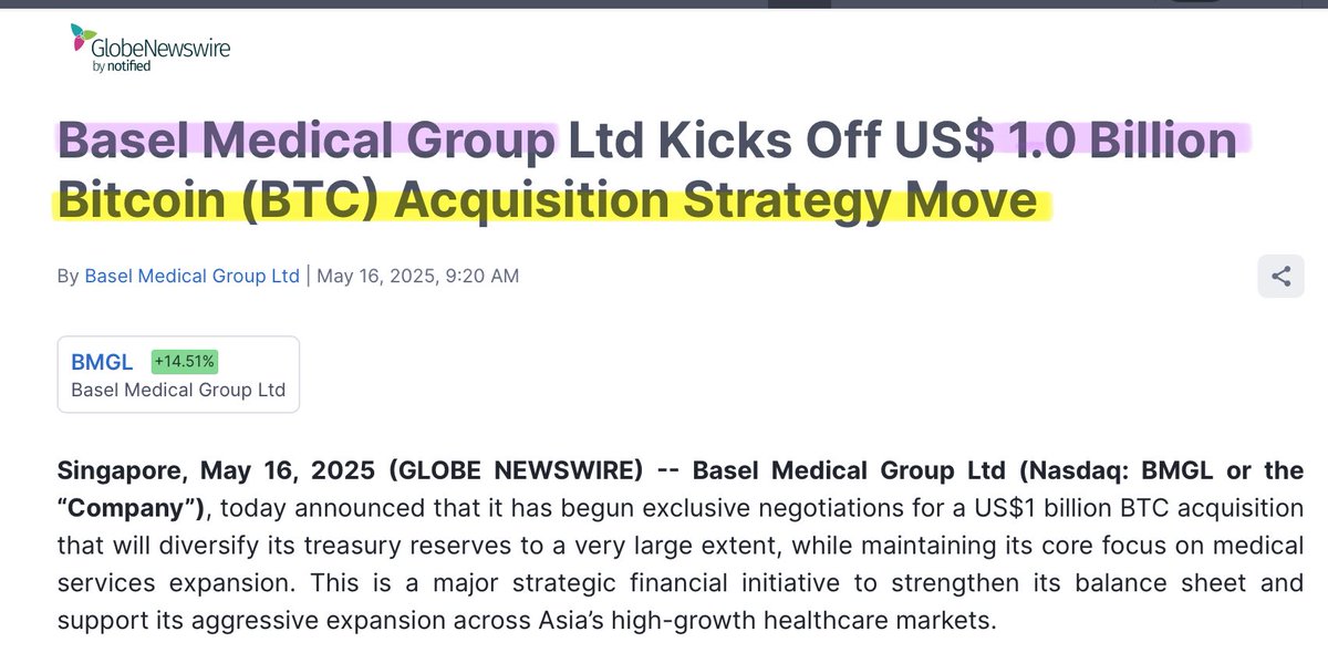 Basel Medical Group Plans $1 Billion Bitcoin Acquisition to Diversify Treasury and Support Asia Expansion