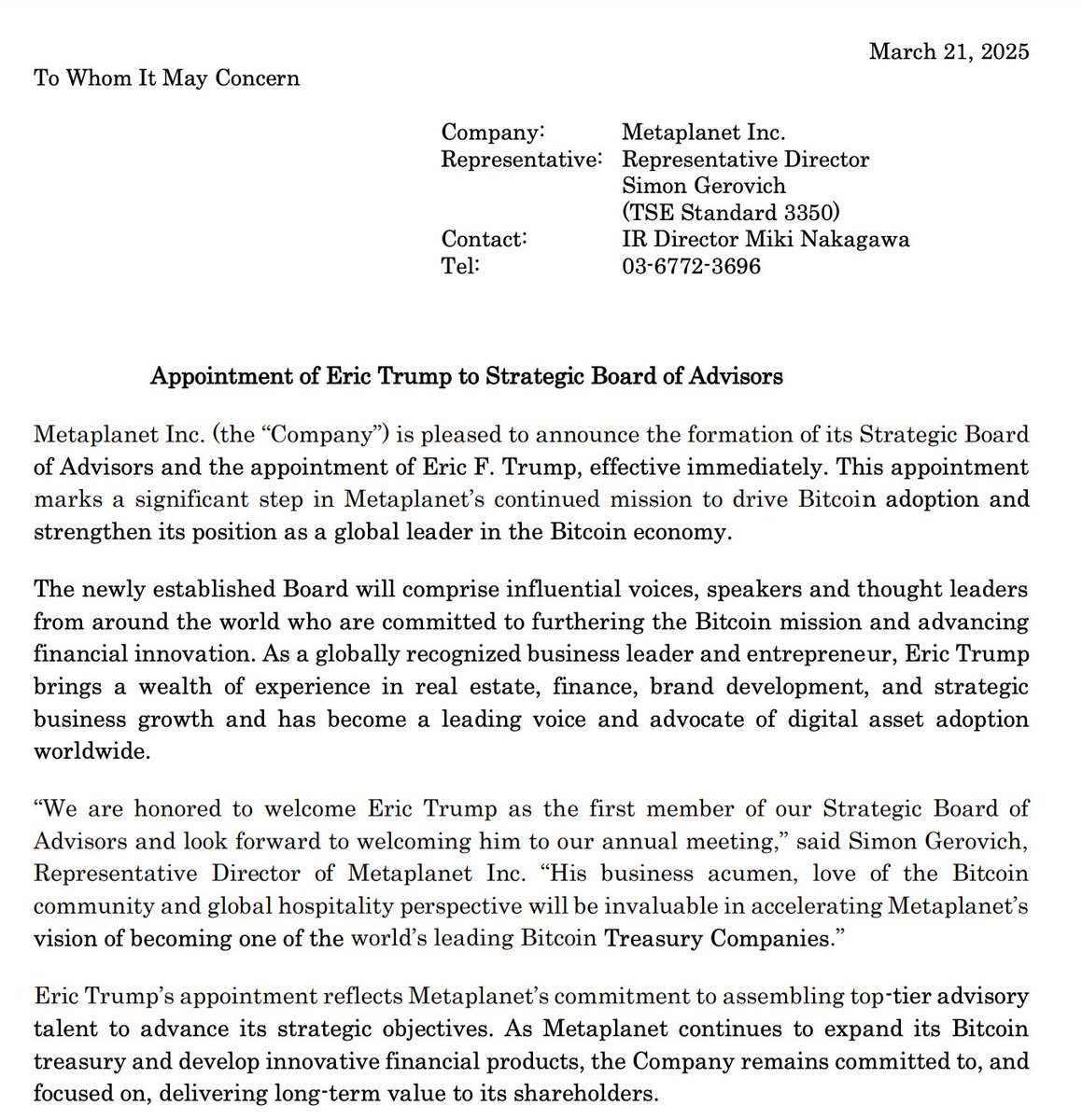 Metaplanet Appoints Eric Trump to Drive Bitcoin Adoption, Stock Surges 17.8% to 4,730 Yen