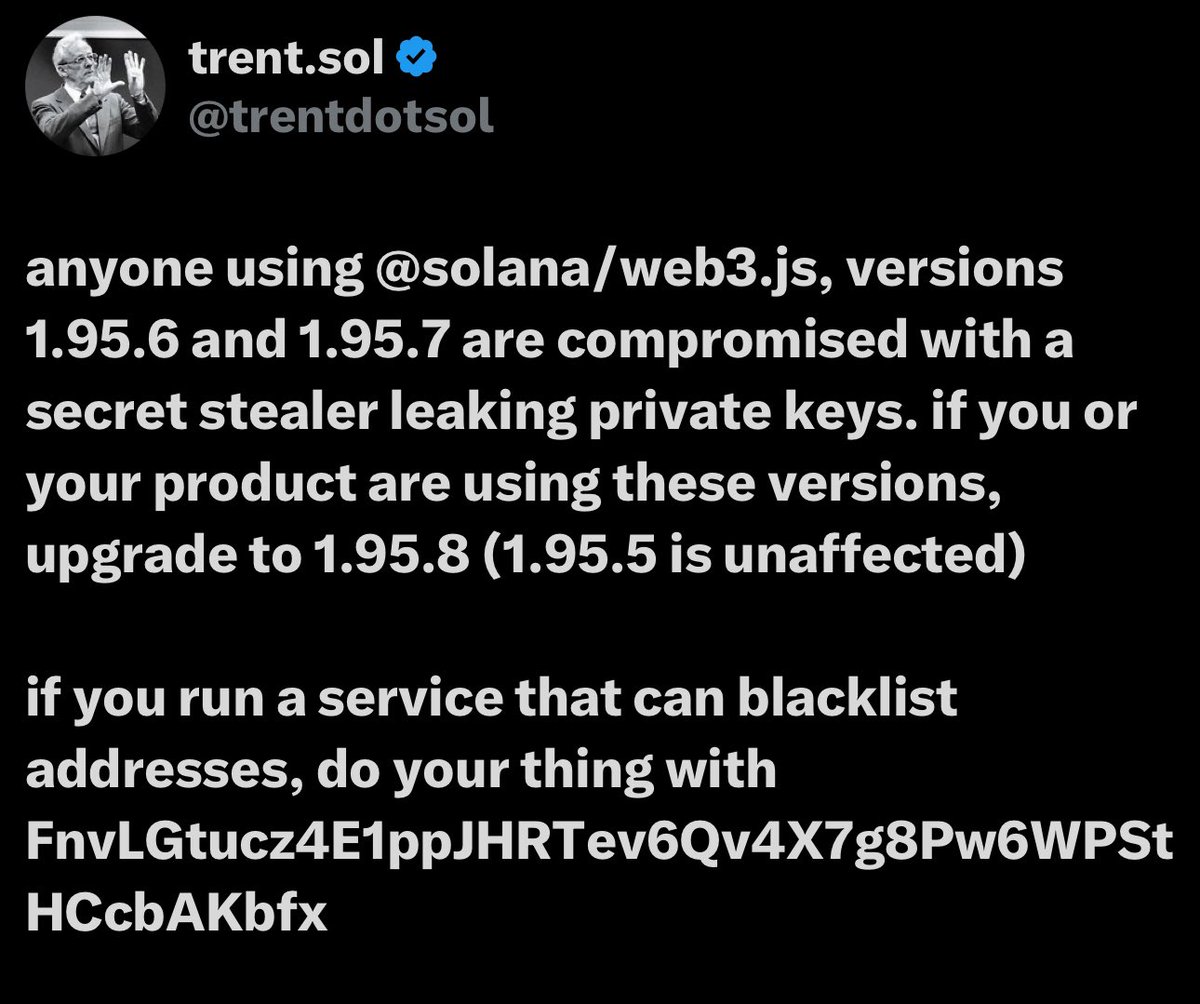 Solana web3.js Library Compromised in Versions 1.95.6 and 1.95.7