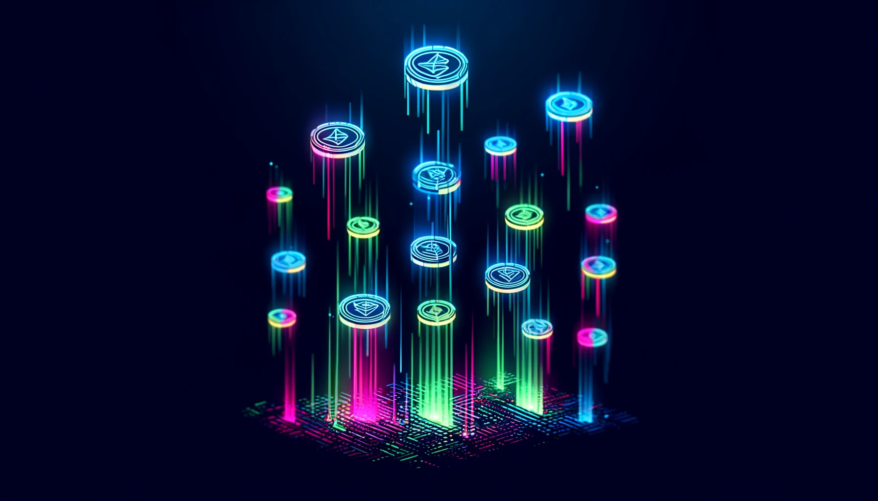 stylized digital tokens falling from the sky