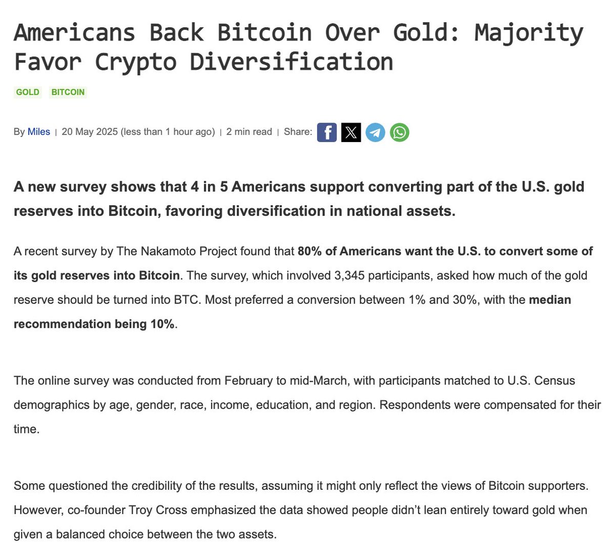 80% of Americans Support 10% Conversion of U.S. Gold Reserves to Bitcoin, Driven by Younger Demographics