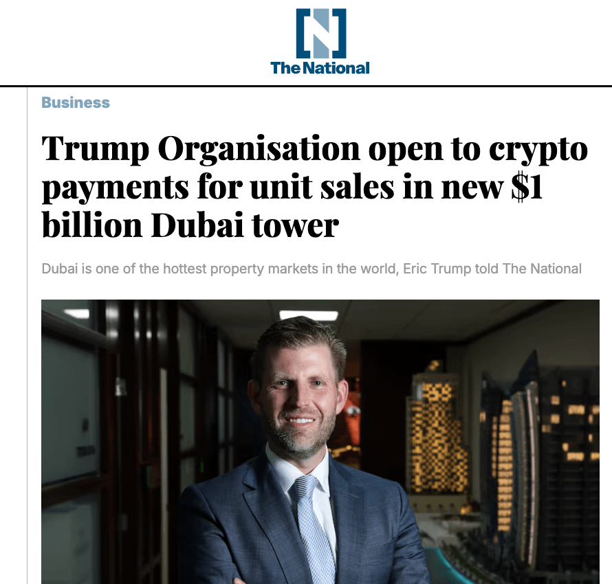 Eric Trump Announces Cryptocurrency Payments for $1 Billion Dubai Tower's Luxury Apartments
