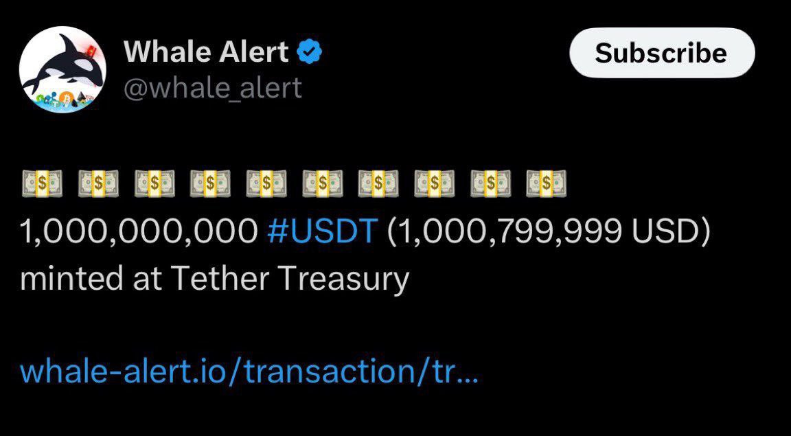 Tether Treasury Mints $1 Billion USDT Stablecoin Equivalent to $1,000,799,999 Confirmed by Whale Alert