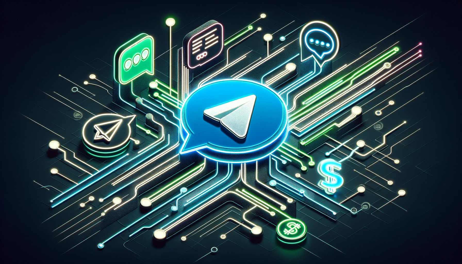 abstract representations of the Telegram logo and Tether symbols, interconnected with digital lines, all highlighted against a dark background abstract representations of the Telegram logo and Tether symbols, interconnected with digital lines, all highlighted against a dark background