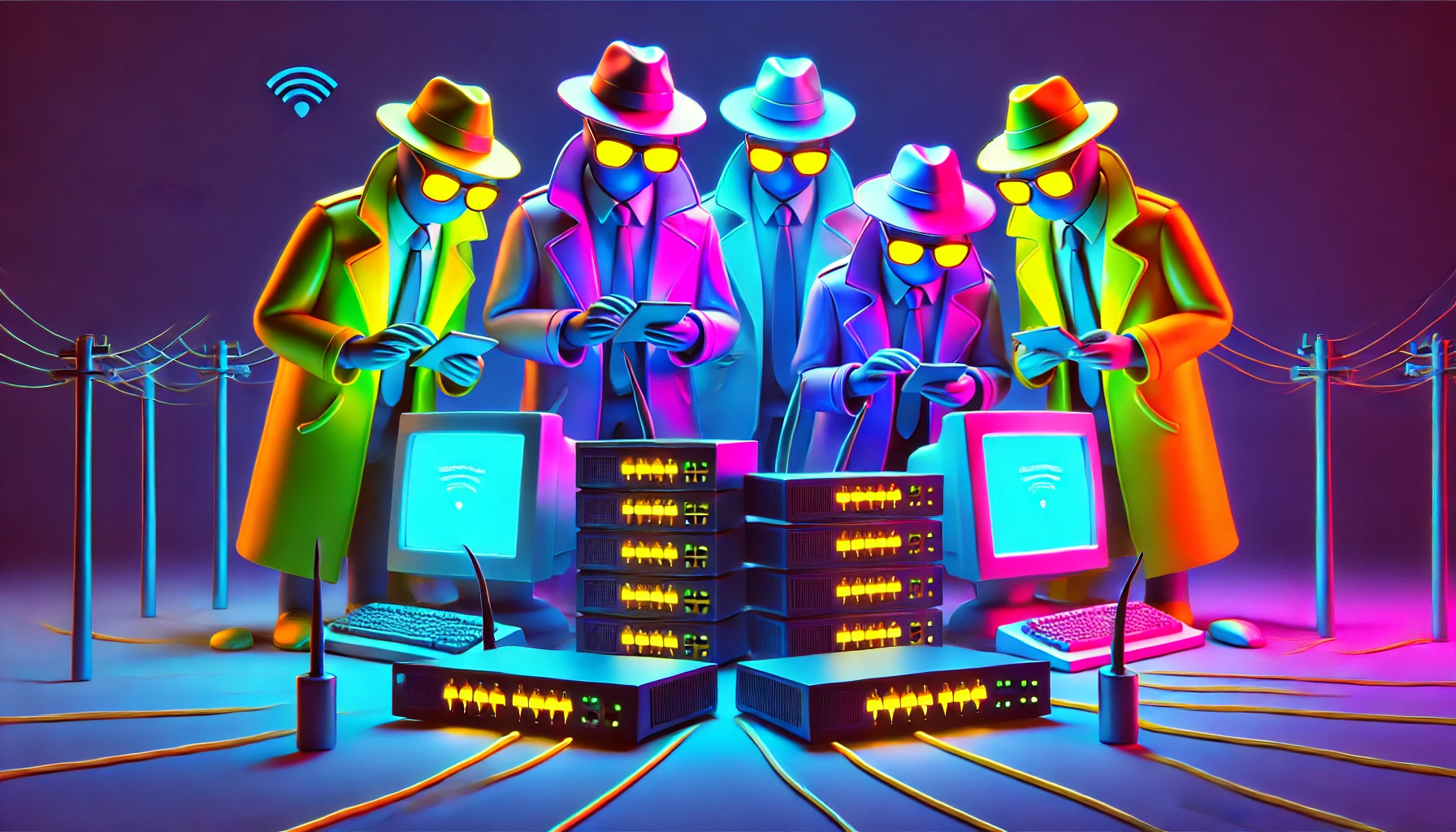 shadowy figures looking over a computer network