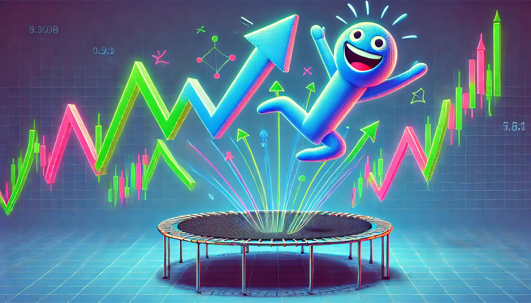 markets bouncing back, with a trampoline and upward trending arrows