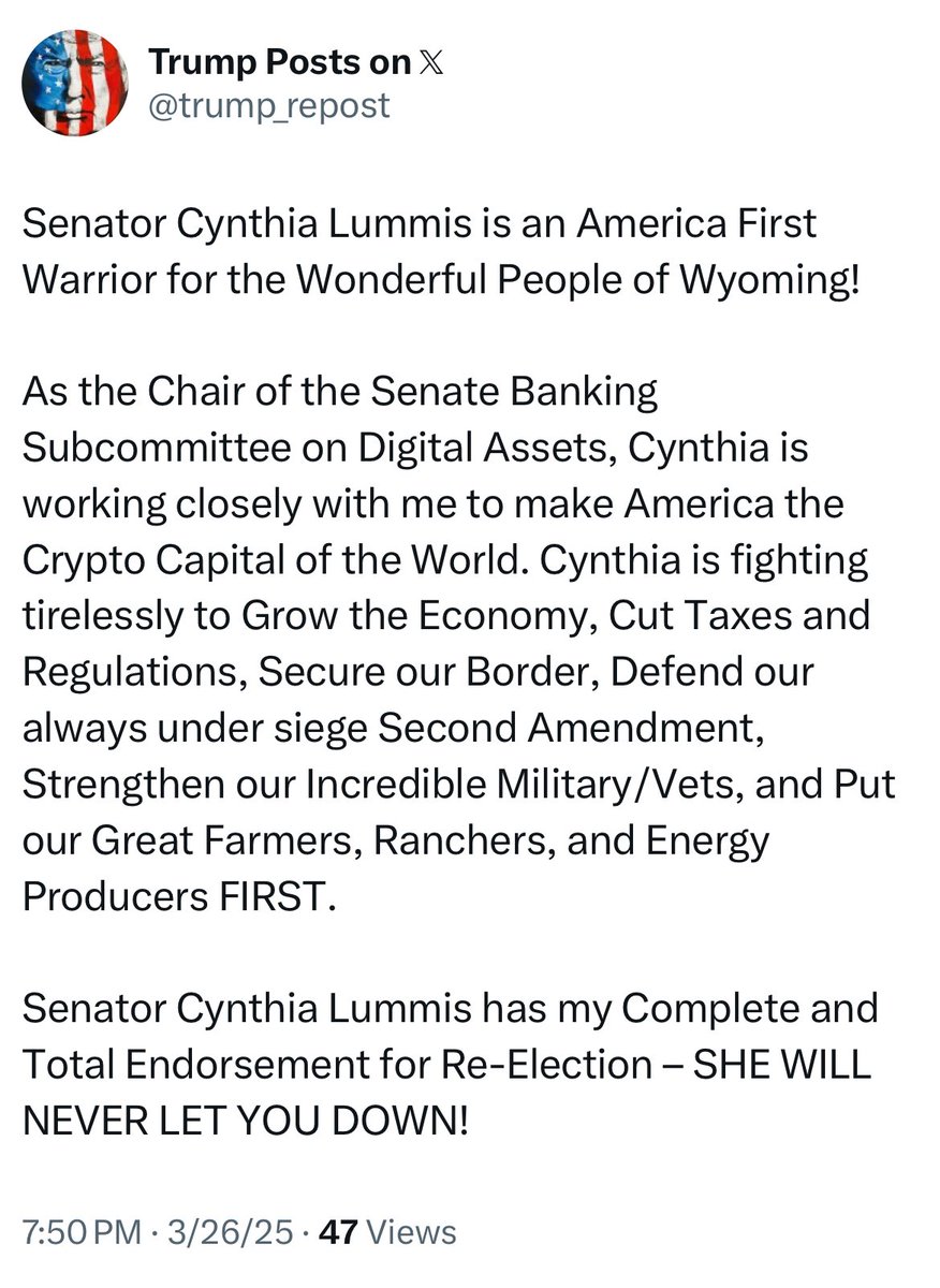 Trump Endorses Senator Lummis for Bitcoin Advocacy, Aiming to Make U.S. the Crypto Capital of the World