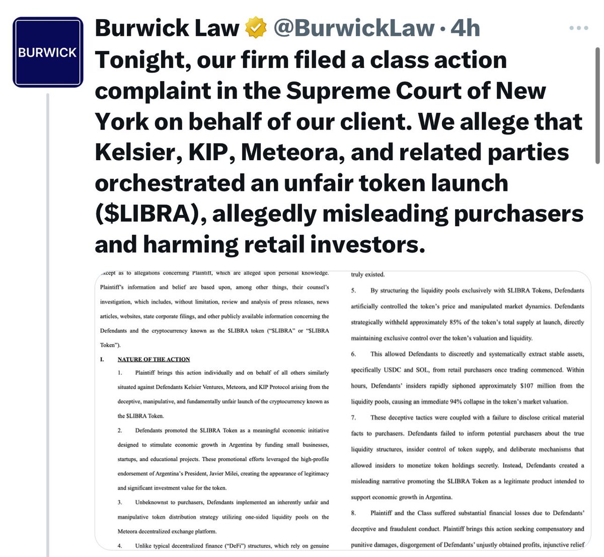 Burwick Law Sues $LIBRA Token Launch Parties Over $100M Fraud Affecting 44,000, Citing Javier Milei's Involvement