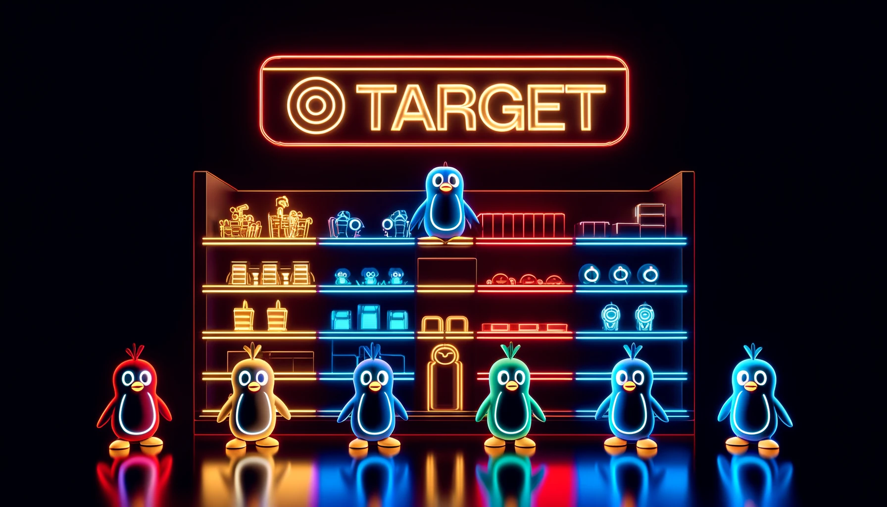 Pudgy Penguin characters as toys, glowing in neon colors like blue, white, and yellow, arranged on shelves