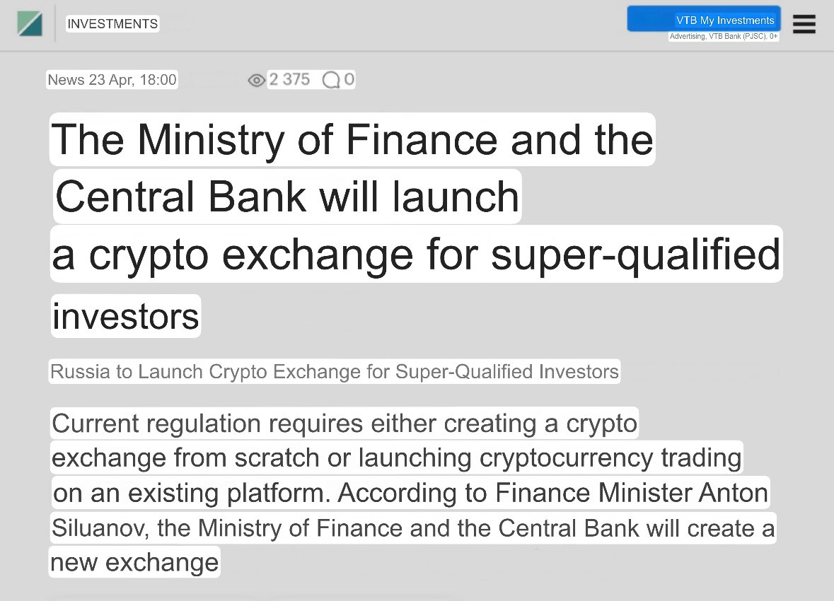 Russia's Finance Minister Siluanov Announces National Bitcoin Exchange for Super-Qualified Investors: RBC News, Interfax