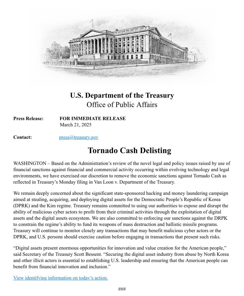 US Treasury Department Removes Sanctions on Tornado Cash