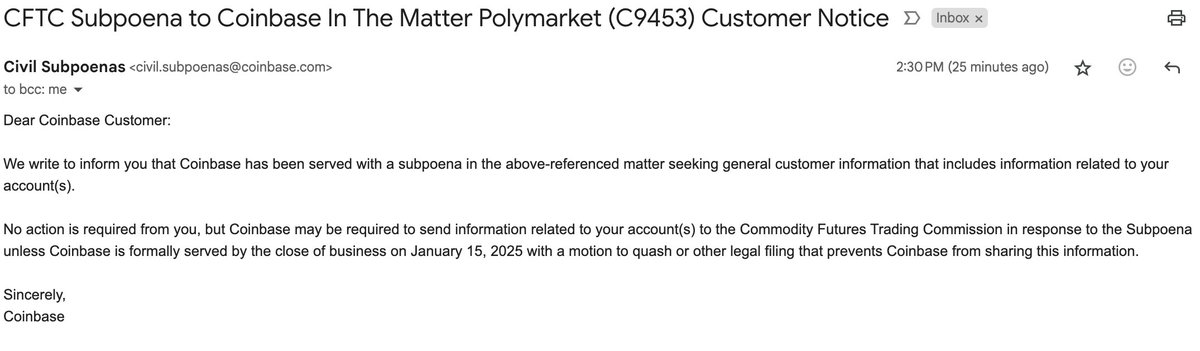 CFTC Subpoena Requires Coinbase to Provide Customer Info in Polymarket Case by January 15, 2025