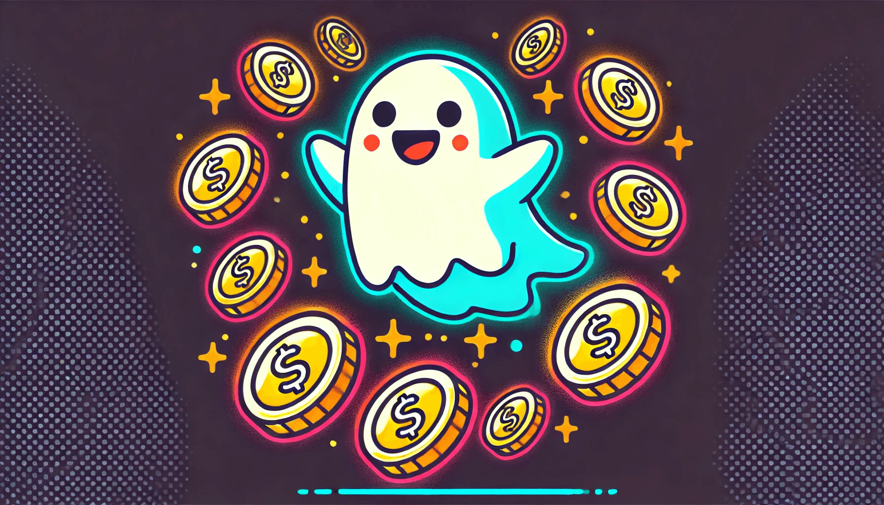 image of a cartoon-like ghost floating together with gold coins