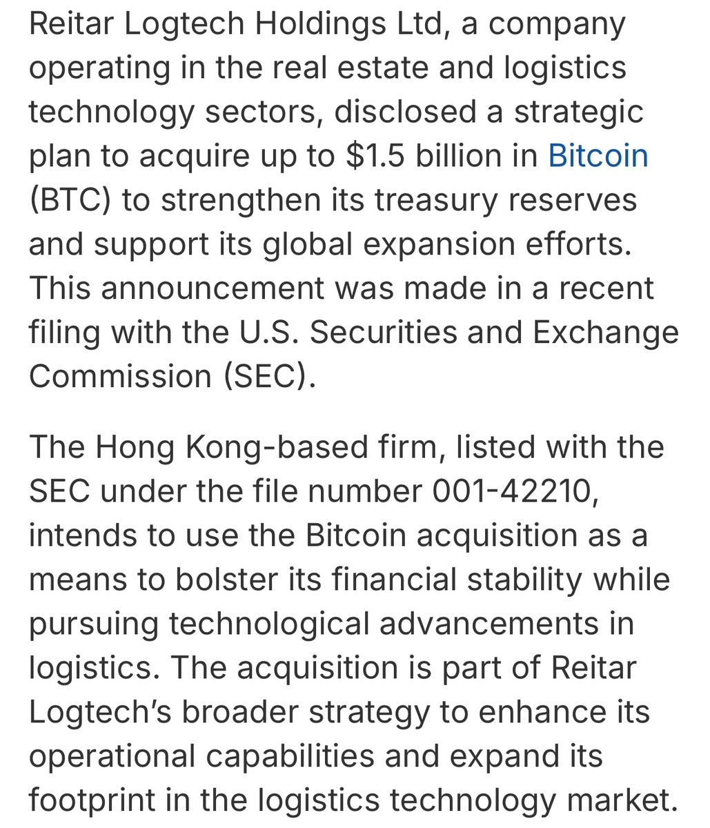 Hong Kong's Reitar Logtech to Buy $1.5 Billion in Bitcoin; NBX Becomes Norway's First Public Bitcoin Treasury