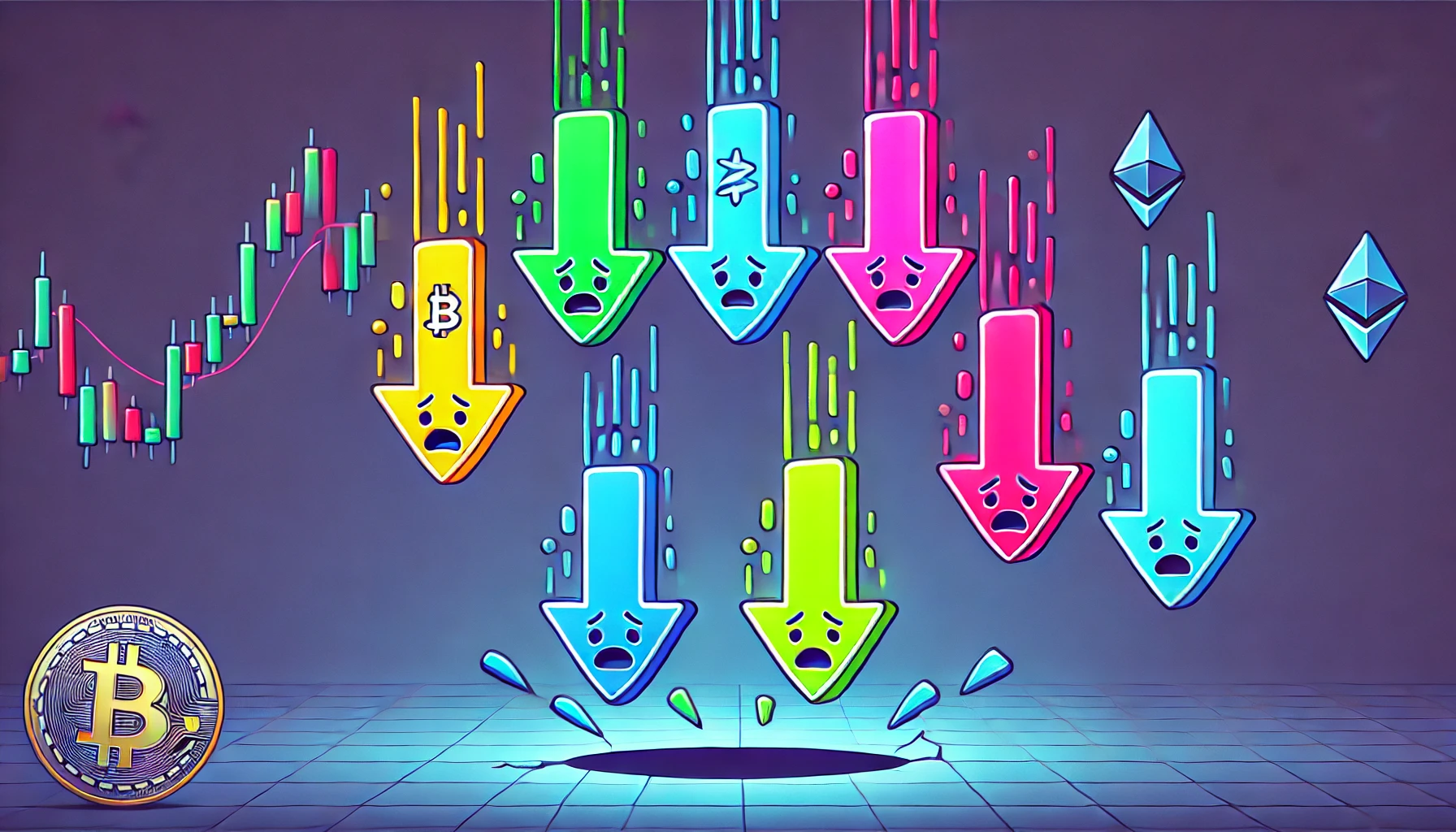 downward facing arrows with crypto symbols