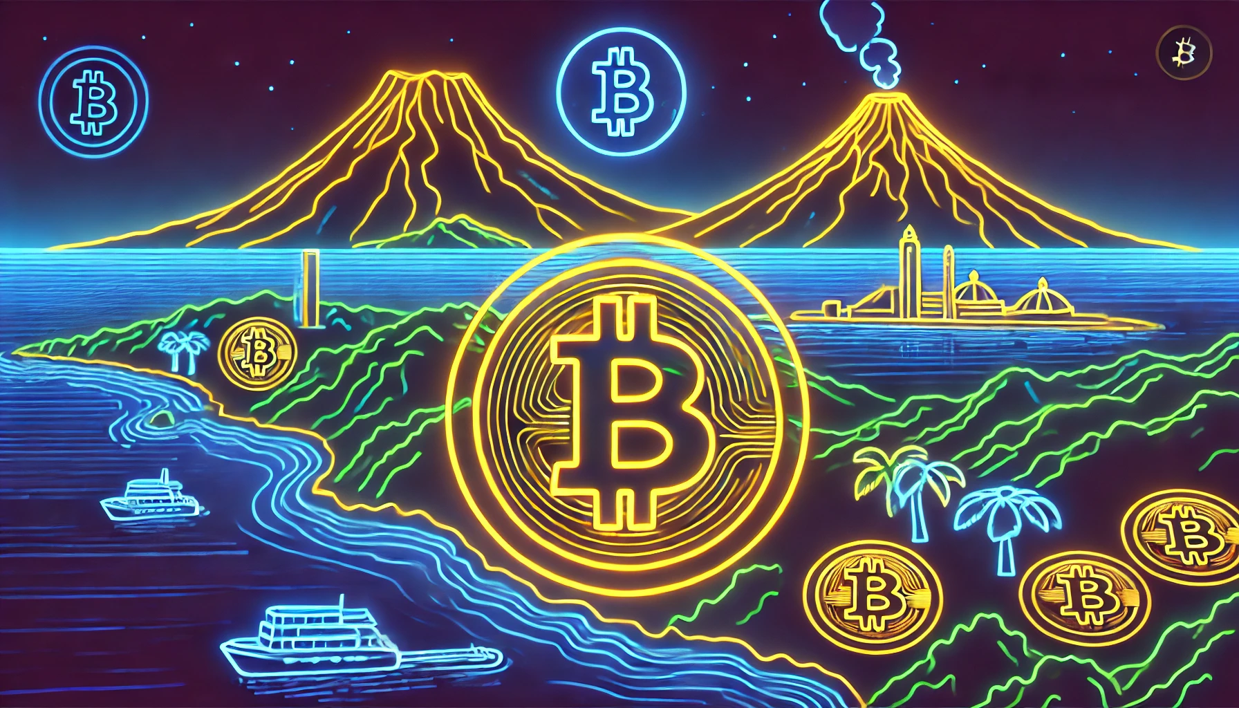 volcanic island nation overlaid with bitcoin symbols