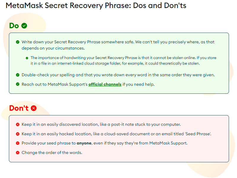 Metamask secret recovery phrase: dos and don'ts