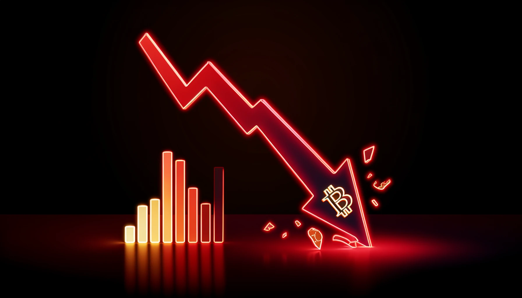 downward-trending arrow and breaking bar graphs