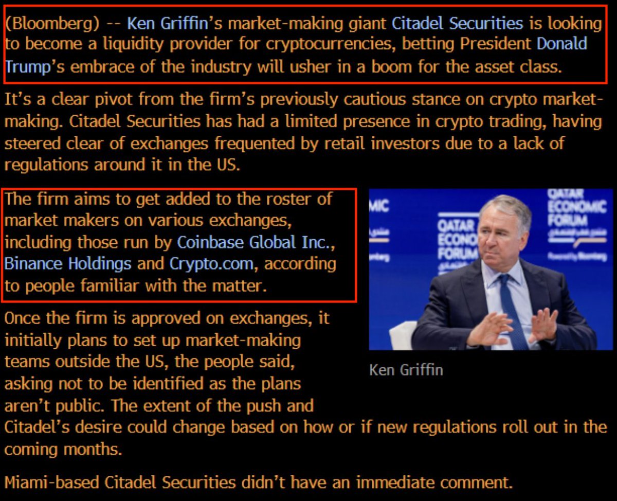Ken Griffin's Citadel Securities to Enter Crypto Trading on Coinbase, Binance, Crypto.com Amid Trump's Pro-Crypto Stance