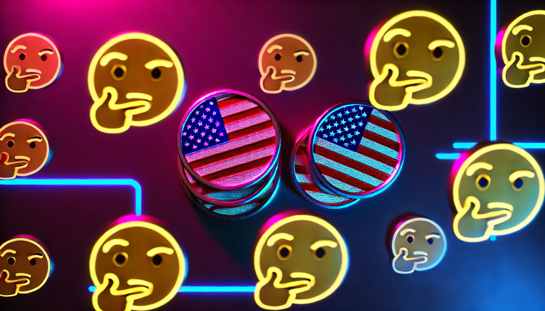 coins with USA flags floating amid skeptical face emojis in a minimalistic style with neon colors