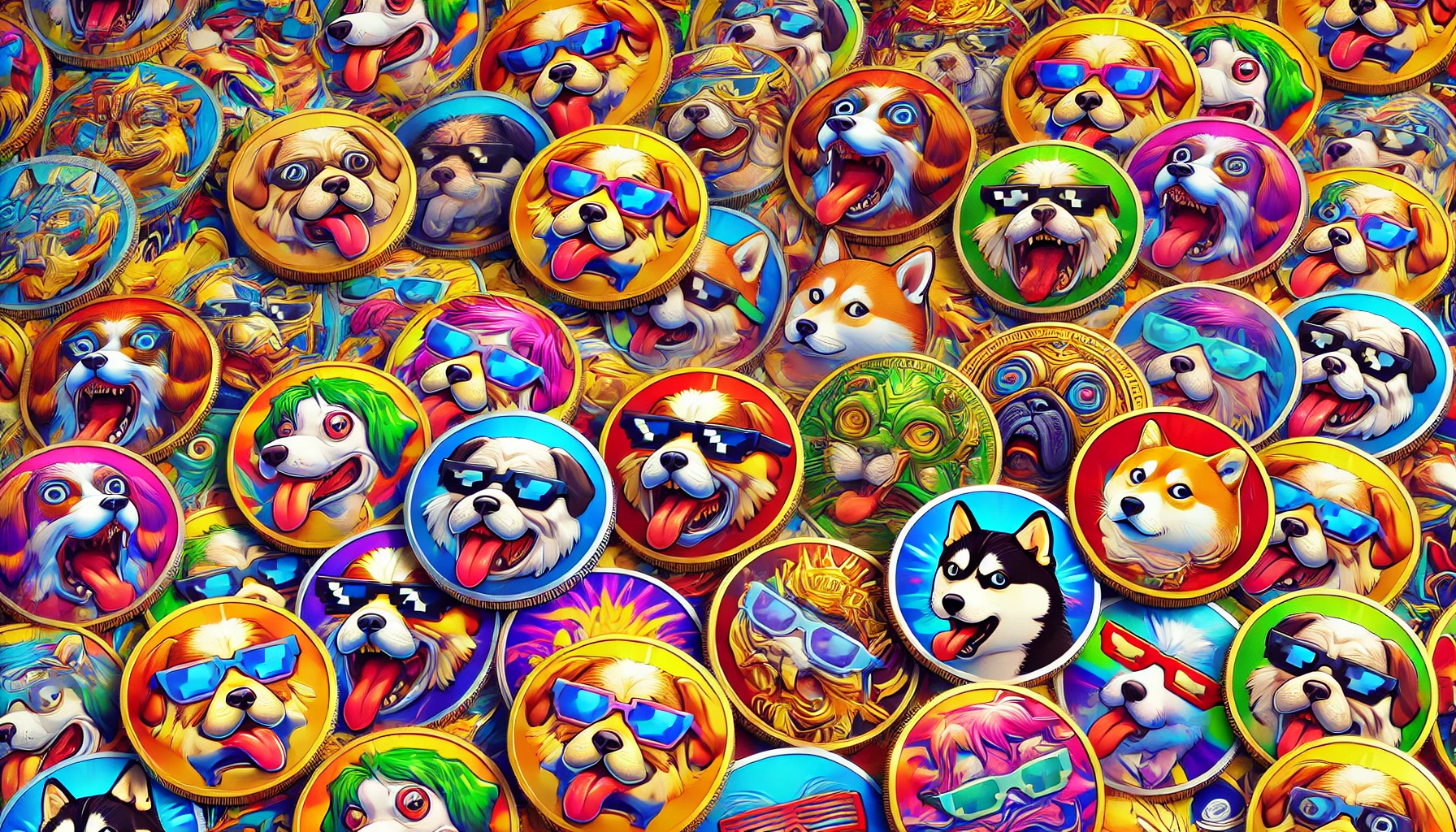  colorful cartoon-style depiction of dog and cat-themed memecoins