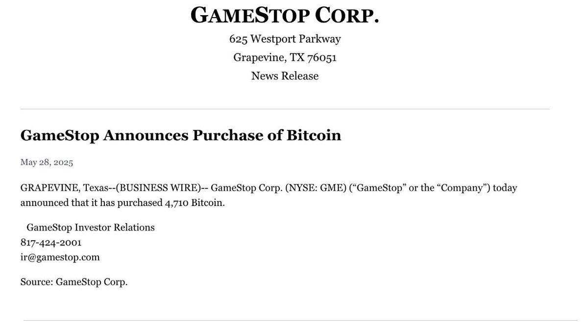 GameStop Buys 4,710 Bitcoin Worth About $500 Million; Shares Gain 6% Pre-Market
