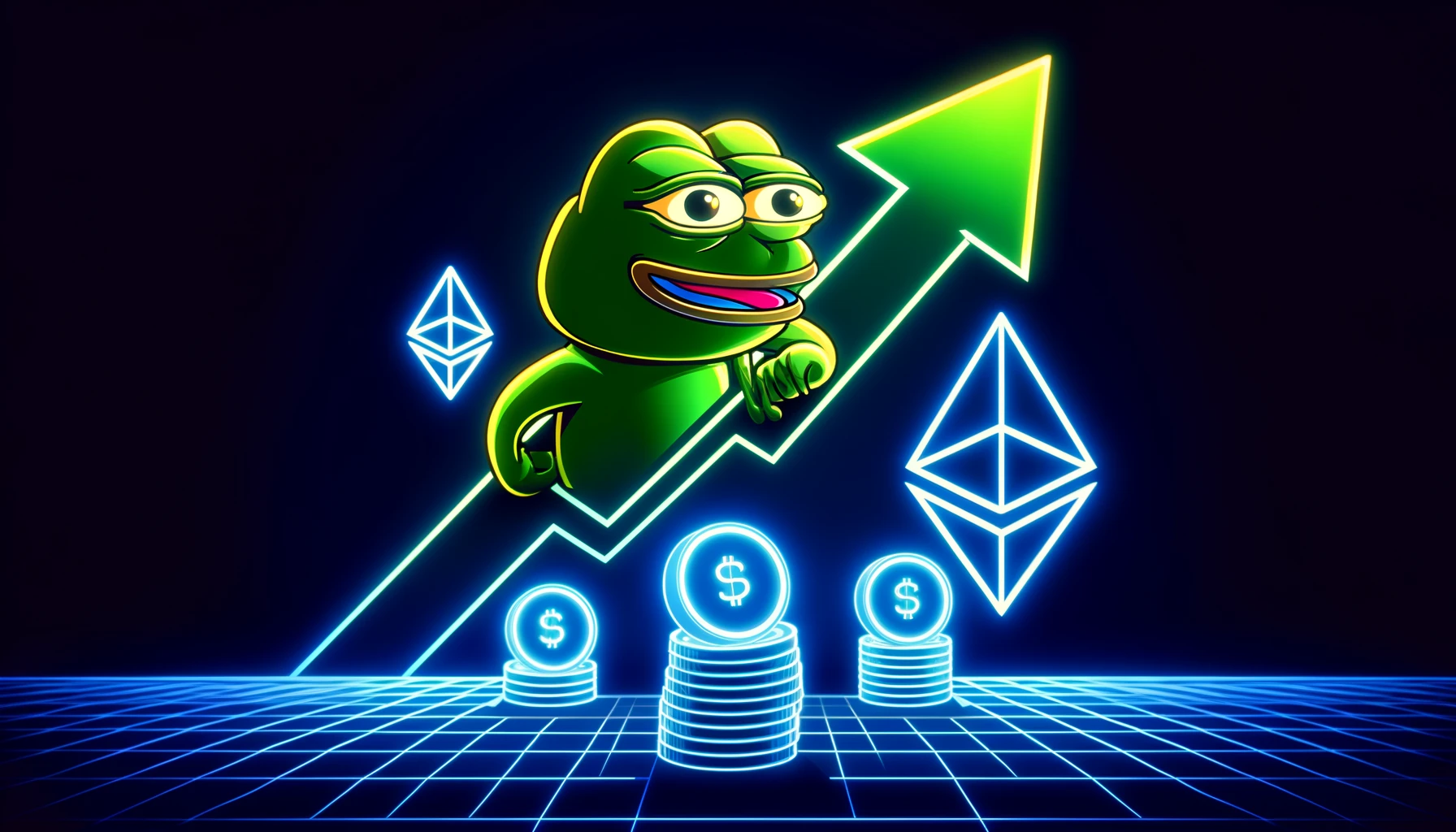 Pepe memecoin soaring with Ethereum in the background